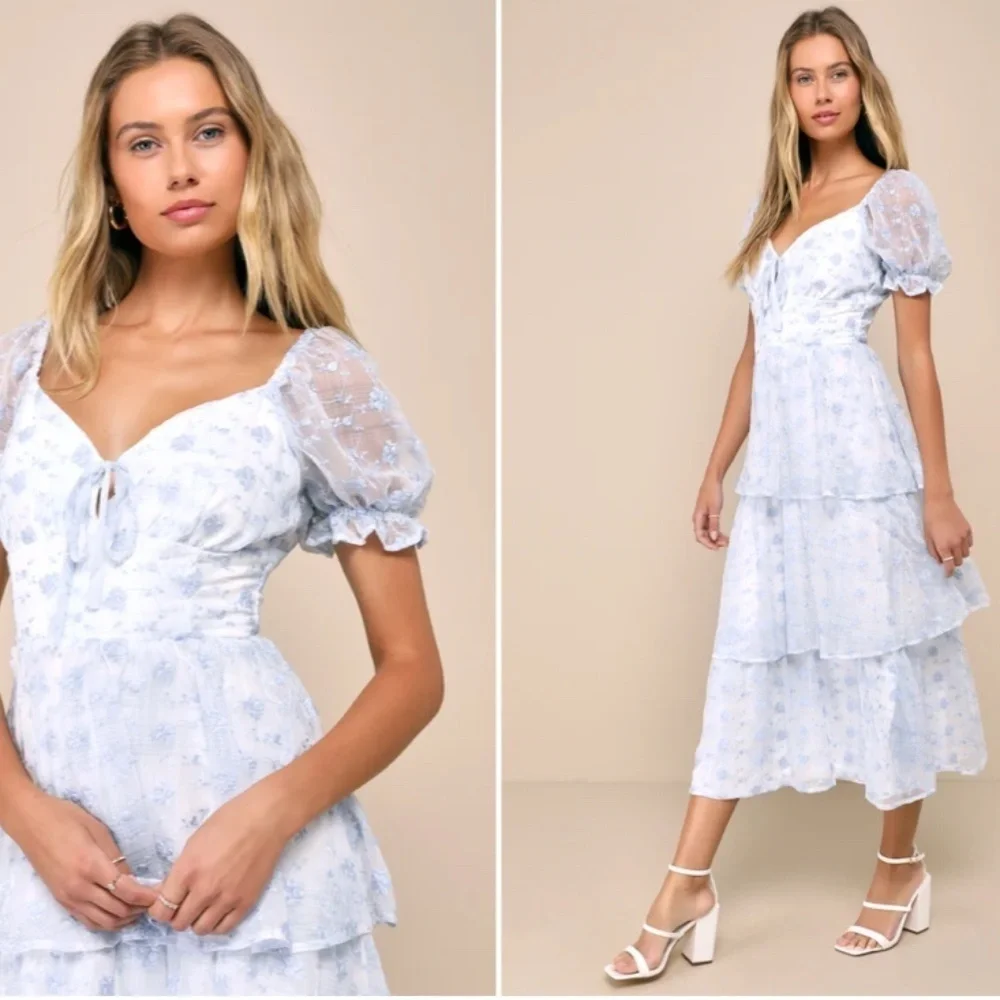 LULU's Flirty Floral Tiered Ruffles Midi Dress NWOT